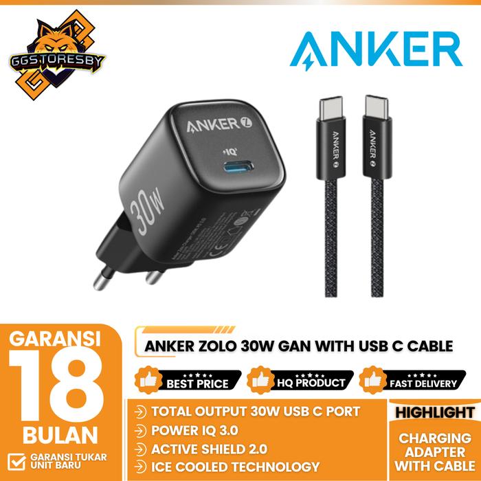 Gambar ANKER ZOLO 30W ADAPTOR GAN USB C FAST CHARGING WITH USB C CABLE - B2698 - Black dari GGSTORESBY undefined Tokopedia