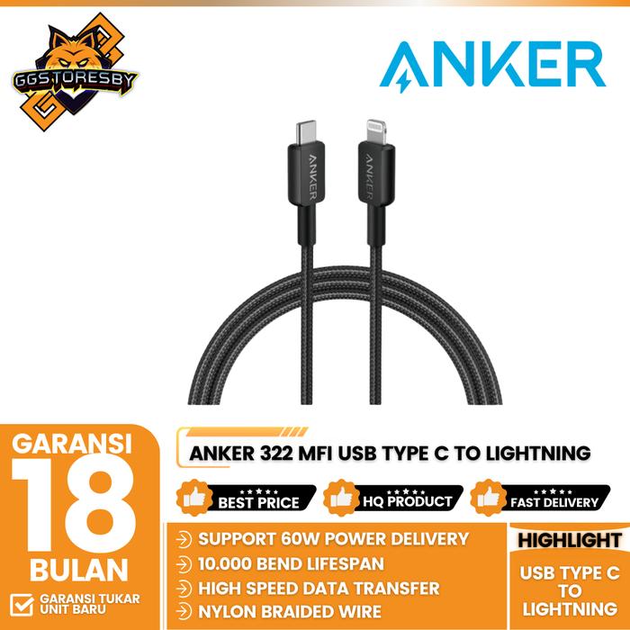 Gambar ANKER 322 KABEL CHARGER MFI USB TYPE C TO LIGHTNING 6FT A81B6 - Black dari GGSTORESBY undefined Tokopedia