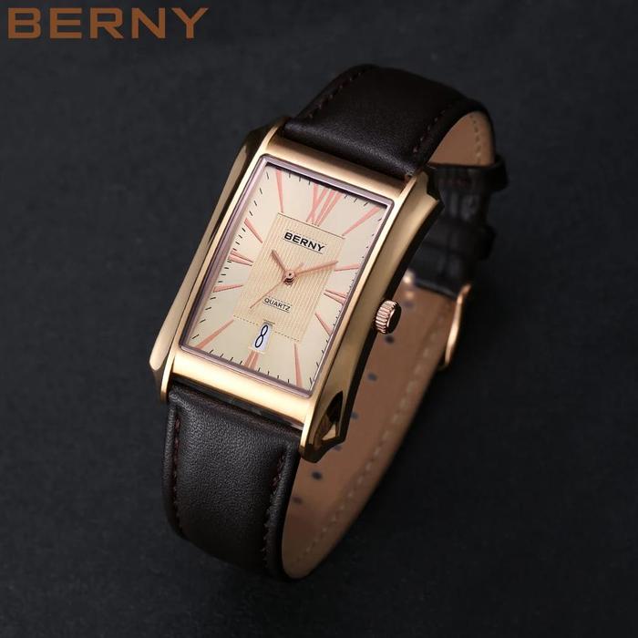 BERNY Watch for Men Rectangle Japan Quartz Wristwatch Waterproof Business  Rectangular Dress Male Clock Top Genuine Leather Strap 2726M-GRY, No di 