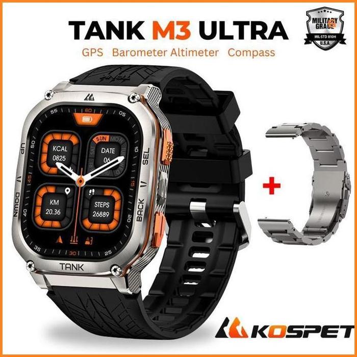 new KOSPET TANK M3 Ultra Amoled Military Smartwatch GPS Altimeter Barometer  Compass Waterproof 5ATM Silver