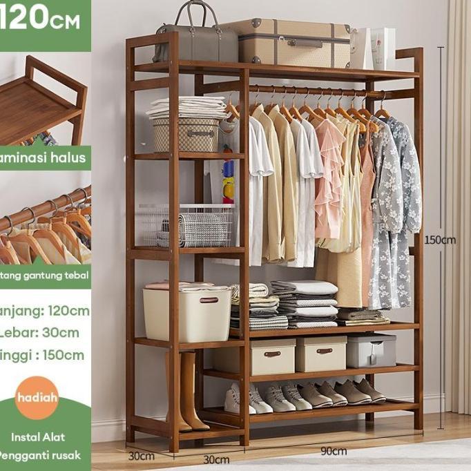 Gambar BAMBOO Rak mantel Rak pakaian gantung Lemari Tempat Penyimpanan Pakaian Rak Baju Gantung Kokoh dan hemat tempat - 120*30*150cm dari duaputri33 undefined Tokopedia