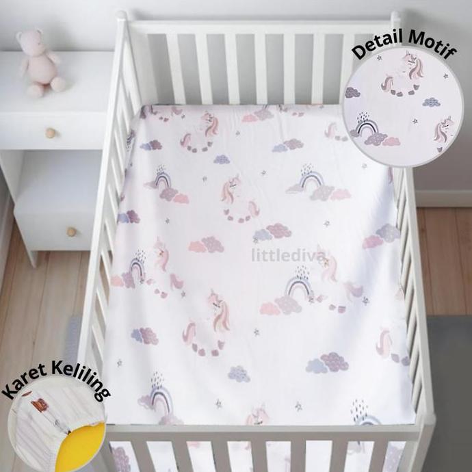 Gambar Terbatas - Sprei Kasur Bayi Bahan TENCEL Sutra Organik Ukuran 120x80 Baby Box Busa Bayi Seprai Mewah Tidur Anak SR akachan TENCEL lux bed sheet linen baby bahan halus lembut adem motif embos karet ke Empuk Matras - White Unicorn dari Singadapur undefined Tokopedia