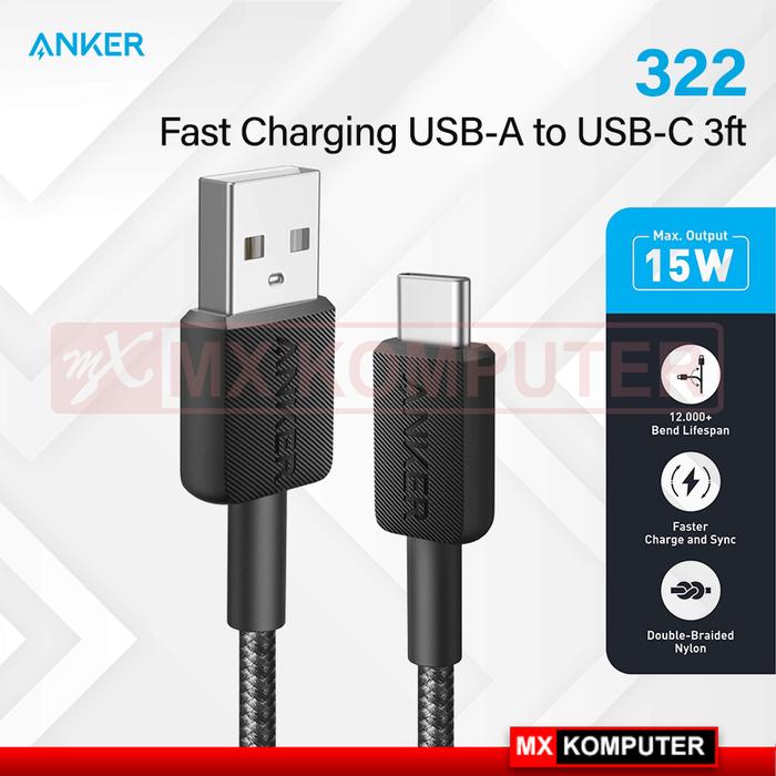 Gambar Kabel Charger Anker 322 Fast Charging USB-A to USB-C 3ft - Hitam dari MXKomputer_NEW undefined Tokopedia