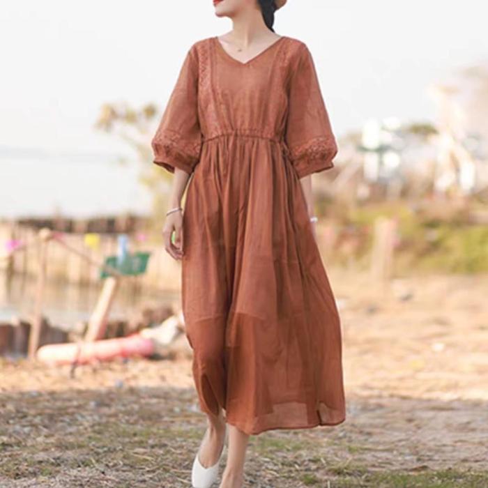 Gambar 03DD Dress Midi Katun silk Tencel Kombinasi Lace Renda Vneck Lengan 7per8 Boho Basic Polos Rustik Kasual Casual Import immom - Bata dari ECLAIRE FASHION BOUTIQUE undefined Tokopedia