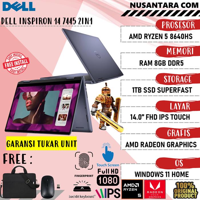Gambar Laptop Dell Inspiron 14 7445 2in1 Amd Ryzen 5 8640hs 8GB DDR5 1TB SSD 14'' fhd IPS Touch Windows 11 Original - NEW 1 TAHUN, 8GB/512GB dari NUSANTARA COMPUTER ID undefined Tokopedia