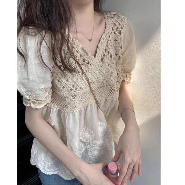 Gambar 03DD Blouse Blus Katun Cotton Bordir Embroidery Embroidered Crochet Lengan Pendek Shortsleeves Vneck Boho Korea Kasual Casual Import azbbo - Cream dari ECLAIRE FASHION BOUTIQUE undefined Tokopedia