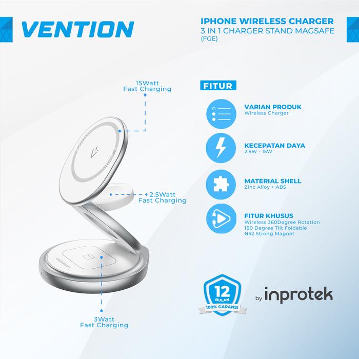 Gambar Vention Wireless Charger Samsung iPhone Magsafe Fast Charging 15W - FGE - 3in1 dari Inprotek undefined Tokopedia