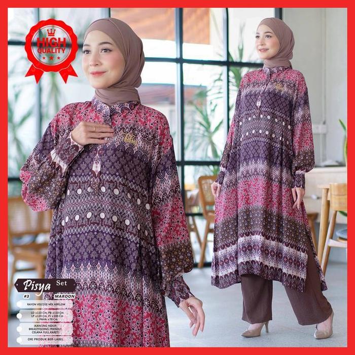 Gambar pisya setelan wanita muslim rayon viscose mix airflow motif etnik batik kombinasi polos one set baju celana hijab style best quality - Pisya #3 Maroon dari Balqish Official Store undefined Tokopedia