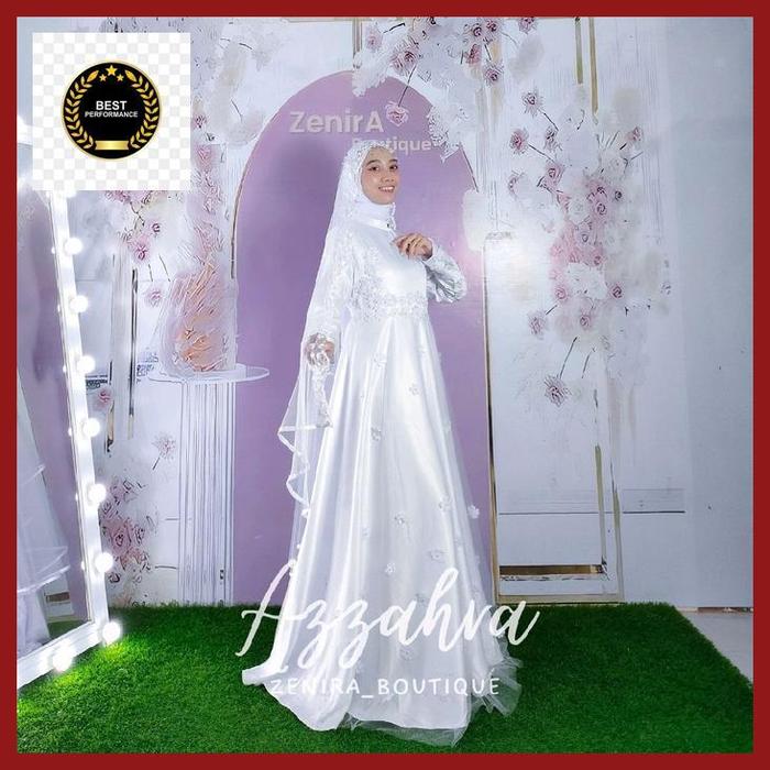 Gambar azzahra wedding dress free veil dan pasmina / gaun pernikahan putih / baju akad / prewedding best quality - Putih, S dari Bguls Official Store undefined Tokopedia