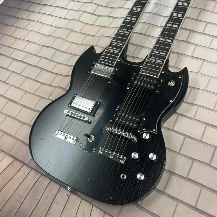 Gambar Double necked relic electric guitar with 6 strings and 12 strings integrated, black body, matte color, rose wood fingerboard, ma dari Wanake undefined Tokopedia