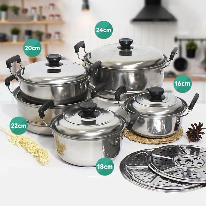 Gambar Veneco 12In1 Panci Steamer Set Stainless Isi 5 Pcs + 2Pcs Kukusan Panci Bahan Tebal Premium - 12in1 Panci set dari mgipalstot undefined Tokopedia