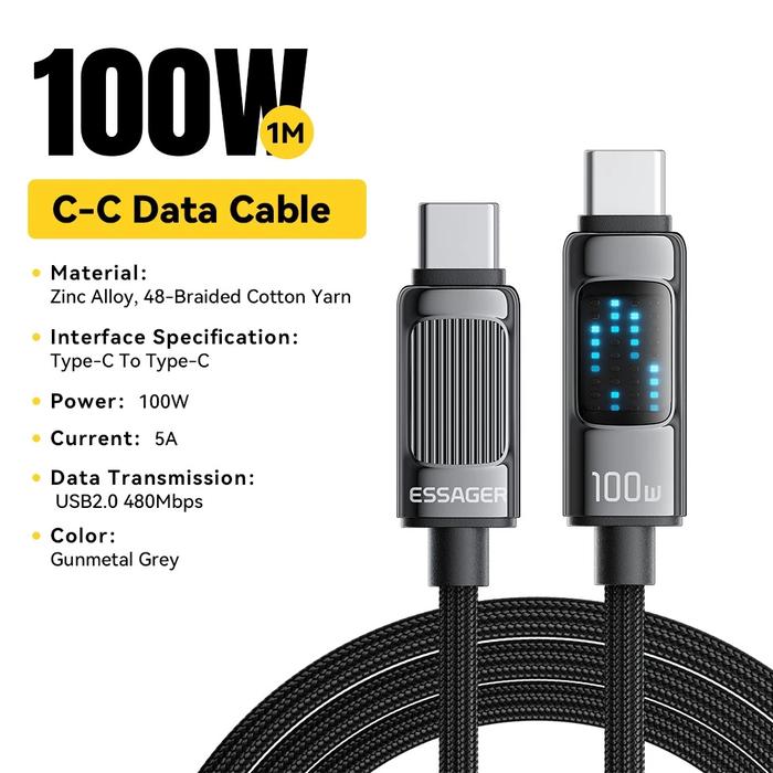 Gambar ESSAGER 100W Kabel Data Charger Tipe C to Tipe C Cable Type C Fast Charging 5A Samsung S24 iPhone 15 - 1 METER dari Essager Official Shop undefined Tokopedia