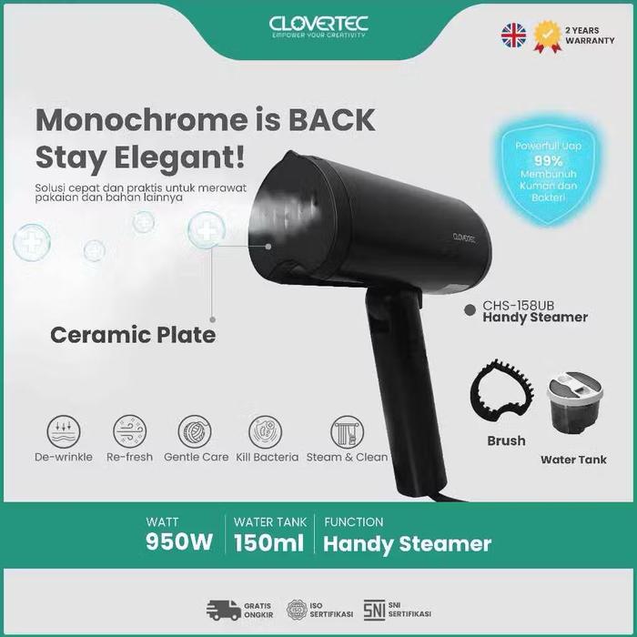 Gambar CLOVERTEC Setrika Uap Garment Steamer Handy Portable Foldable 150ml CHS-158 - Hitam dari Xtive Electronic undefined Tokopedia