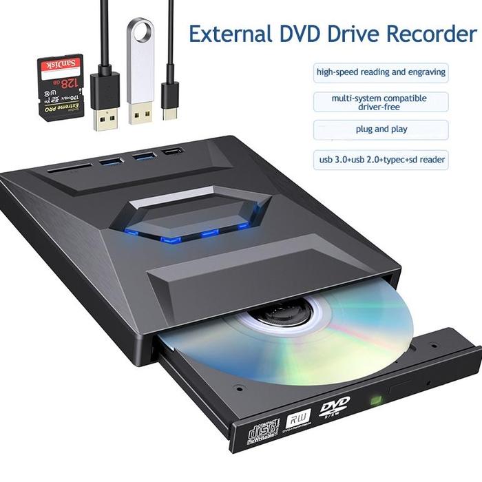 Gambar External DVD Drive External Optical Drive for Laptop USB 2.0 USB 3.0 Type-C Portable CD/DVD Optical Drive Player Writer CD Burner with USB 2.0, USB 3.0 Ports, Type C Port SD Card DVD RW 3.0 7 IN 1 / DVD External CD Drive USB 3.0 Portabel DVD RW - Hitam dari THQ STORE undefined Tokopedia