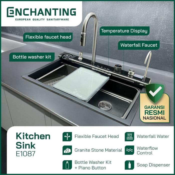 Gambar ENCHANTING Smart Kitchen Sink Granite Stone 1 Bowl Black 75x46 | Bak Wastafel Cuci Piring Dapur Tebal Paket Komplit Hitam Topmount Washtafel Granit Quartz Single Bowl Modern Minimalist 7545 Minimalis Europe Enchanting E1087 - E1087 dari Enchanting Official Shop undefined Tokopedia