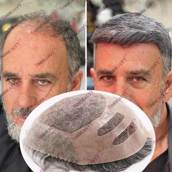 Jual Bond NPU Mono Lace Gray Human Hair Toupee for Men 120