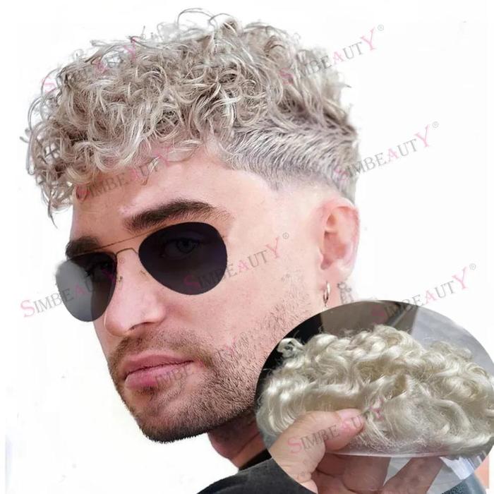Jual Platinum Blonde 20mm Curly Toupee For Men Human Hair