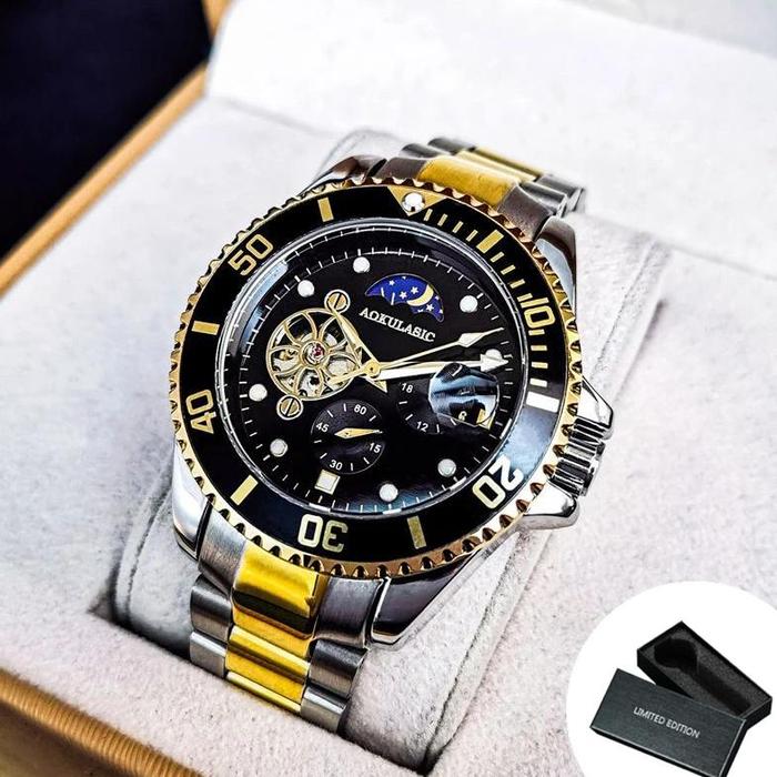 Gambar NEW TOURBILLON MOON PHASE SKELETON MECHANICAL WATCHES ROTATING BEZEL LUMINOUS DIAL LUXURY AUTOMATIC MENS WATCH STAINLESS STEEL STRAP - BOX GOLD BLACK dari ARCELSTOREE undefined Tokopedia
