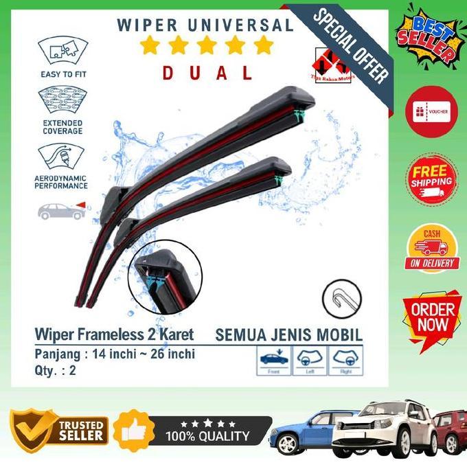 Gambar Promo / Terlaris TANPA BONUS | Wiper DUAL Frameless Mobil Honda Suzuki Toyota Daihatsu Nissan Mitsubishi Wuling Hyundai Isuzu Hino Chevrolet KIA Mazda Datsun Peugeot Ford | Wiper Universal Banana Karet Variasi 1 Set bisa COD serta Gratis Ongkir | K21 - 1 ETIOS VALCO dari Zeka Store. undefined Tokopedia