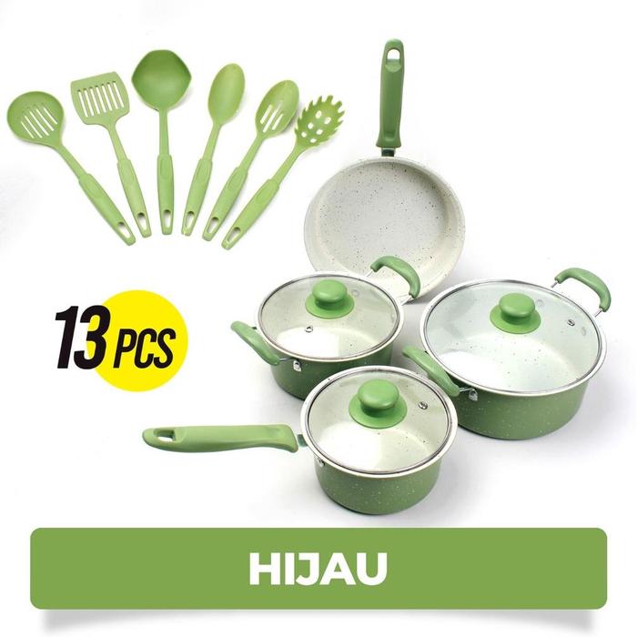 Gambar Bebehome Peralatan Masak Lengkap 13 Pcs Dalam 1 Set | Cookware Panci Set | Wajan Penggorengan Spatula Set Isi 13Pcs | 1 Set Frypan Saucepan - HIJAU PUTIH, 13PCS 1SET dari Revved Up undefined Tokopedia