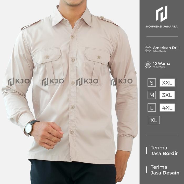 Gambar Kemeja PDL Outdoor Lapangan Lengan Panjang American Drill Hijau Army - Cream, XXL dari Konveksi Jakarta Official undefined Tokopedia