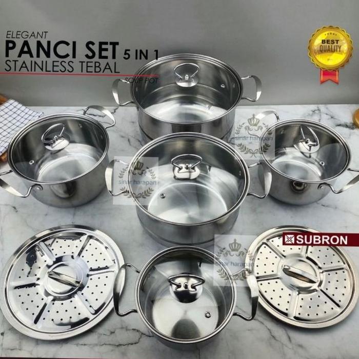 Gambar PANCI SET ISI 5 PCS STAINLESS tutup KACA +STEAMER KUKUSAN 2PCS - 1B dari Toko Portulaca undefined Tokopedia