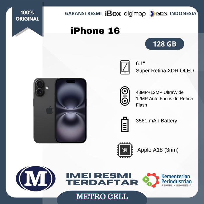 Gambar iPhone 16 128GB - Garansi Resmi iBox GDN Digimap Indonesia - Black dari Metro Cell WTC undefined Tokopedia