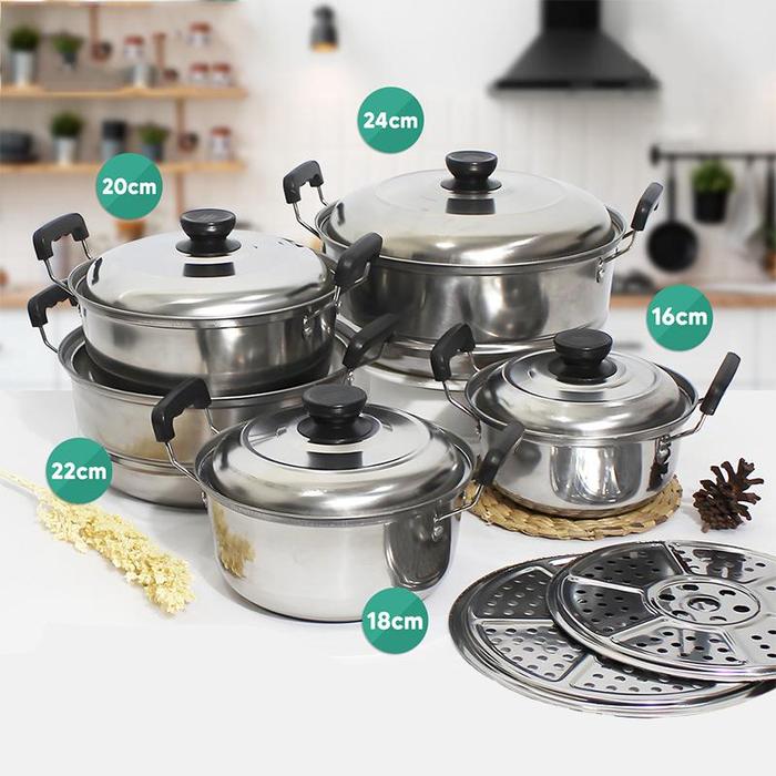 Gambar VENECO 12in1 Panci Steamer Set Stainless isi 5 pcs + 2pcs Kukusan Panci Bahan Tebal PREMIUM - 12in1 Panci set dari Spasoul undefined Tokopedia