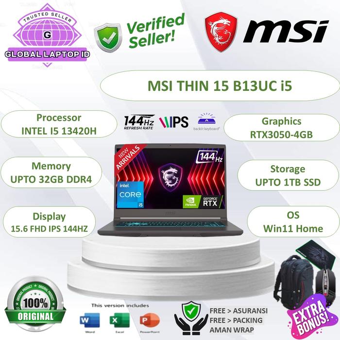 Gambar Promo Laptop Gaming MSI THIN B13UC 15 Intel Core i5 13420H RAM 32GB 1TB SSD RTX3050-4GB 15.6" Inch FHD 144HZ Windows 11 Home Original - UNIT+BONUS, 16GB,512GB SSD dari Global Laptop_NEW undefined Tokopedia