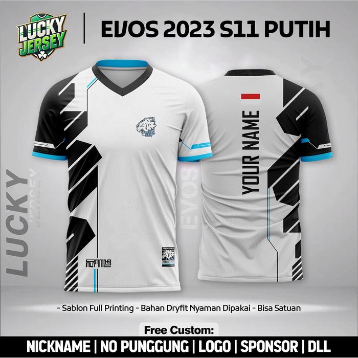 Gambar Baju Gaming Evos 2023 S11 Putih Jersey Free Custom Nama dan Nomor - ATASAN, S (ANAK)  dari Lucky Jersey undefined Tokopedia