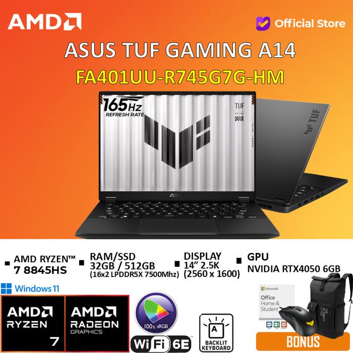 Gambar ASUS TUF Gaming A14 FA401UU Ryzen 7 8845HS RTX4050 6GB 16GB 512GB W11+OHS 14 2.5K 165Hz 100% sRGB - 32GB / 512GB, Standard dari AMD Official Store undefined Tokopedia