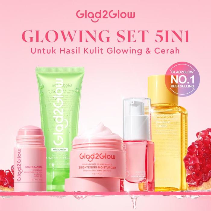 Gambar Paket Hemat Mencerahkan Glad2Glow Renew Bundle All In 1 7In1-Brightening Toner+Menghilangkan Sel Kulit Mati Brightening Moisturizer+Cleanser+Brightening Serum+Peeling Solution+Retinol Pomegranate Niacinamide Paket Pembersih Perawatan Kulit Mencerahkan - Glowing 5pcs dari utami ridasari undefined Tokopedia