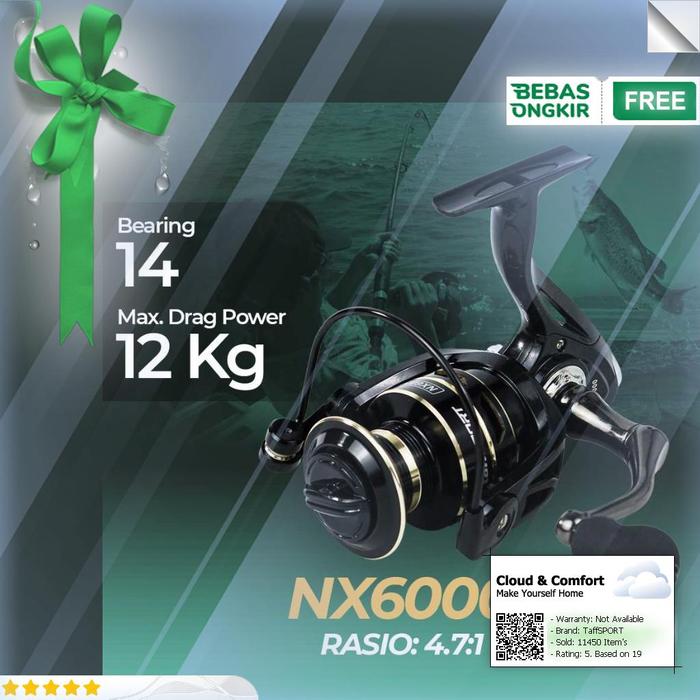 Gambar TaffSPORT Metal Reel Pancing Spinning Fishing Reel 4.7:1 - NX6000 - Hitam, TaffSPORT dari Clouds & Comfort undefined Tokopedia