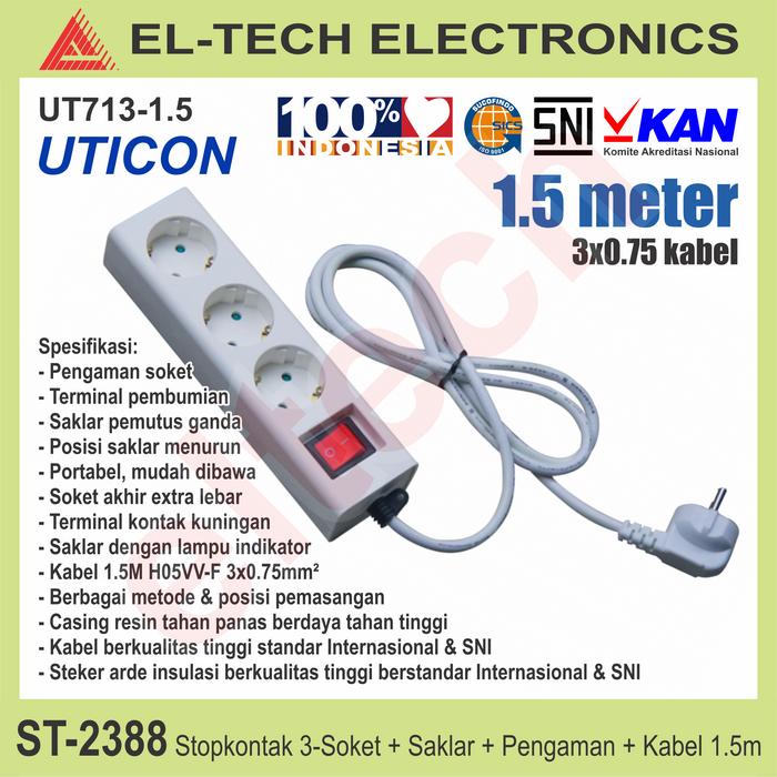 Gambar UTICON Stop Kontak Kabel 3m atau 1.5m Extention Ekstension Perpanjangan Steker Outlet Listrik Lubang Soket Socket Kontra Colokan Saklar Tombol Lampu Indikator Pembumian Bumi Arde Ground GND Pengaman Penutup ALL - ST-2388 3S 1.5m dari ELTECH online undefined Tokopedia