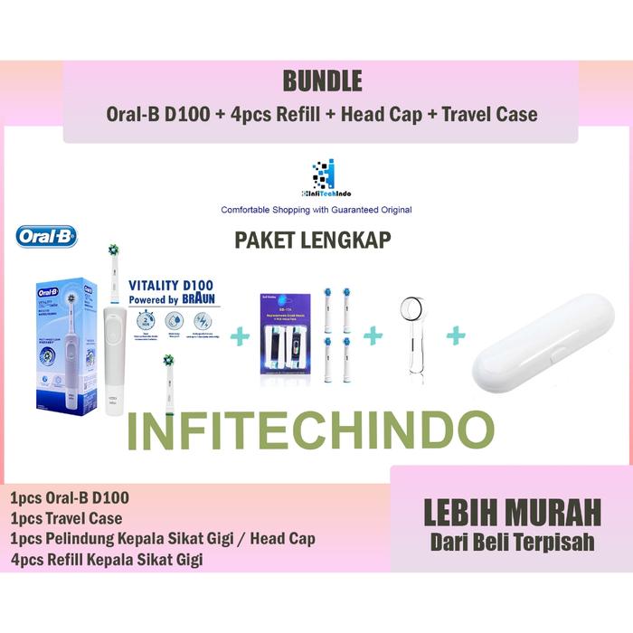 Gambar BUNDLE ORAL B D100 Sikat Gigi Elektrik VITALITY + Refill 4pcs + Cap - Bundle White, Case White dari infitechindo official undefined Tokopedia