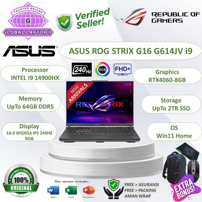 Gambar Laptop Gaming ASUS ROG STRIX G16 G614JV RTX4060-8GB Intel Core i9 13980HX | 14900HX RAM 64GB DDR5 2TB SSD 16"Inch WQXGA IPS 240HZ RGB Windows 11 Home Original - i9 14900HX, 16GB, 1TB SSD dari Global Laptop_NEW undefined Tokopedia