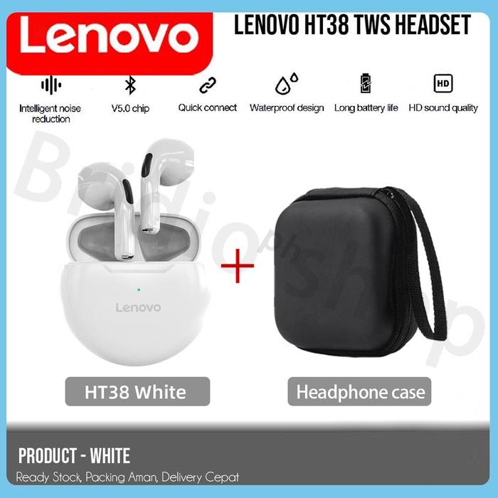 Gambar Earphone Wireless TWS Lenovo HT38 Bluetooth 5.0 Headset Earbuds Bass With Microphone That Supports Making Phone Calls - Ht38-Putih+Tas dari Argon 55 Store undefined Tokopedia