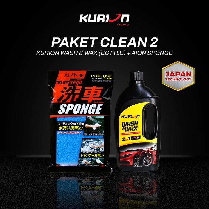 Gambar AION [Paket Clean 2] Sponge + Kurion Wash & Wax Shampoo Cuci Mobil Motor 3X Booster Foam Super Shine - Botol 1000ml dari AION INDONESIA undefined Tokopedia