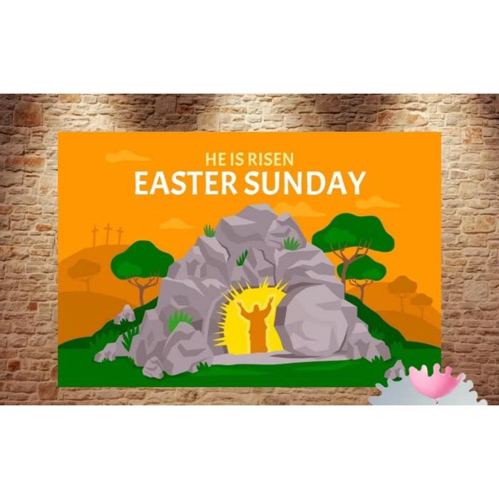 Gambar BANNER SPANDUK BUNTING FLAG TARIK HAPPY EASTER SELAMAT PASKAH HE IS RISEN JUMAT AGUNG KELINCI TELUR PASKAH RABBIT EGG BACKDROP SEKOLAH GEREJA KANTOR CAFE RESTO RUMAH - BANNER A, 1m x 1m dari VB Luxury undefined Tokopedia