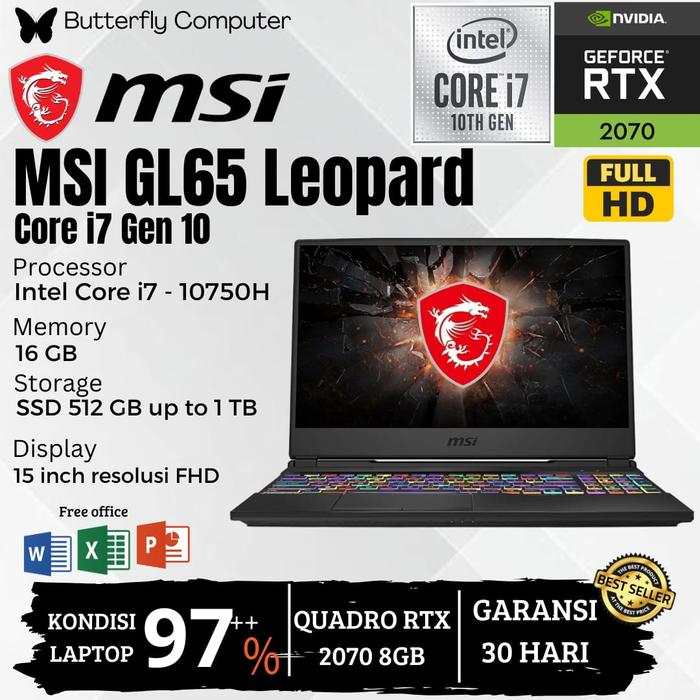 Promo Laptop GAMING MSI GL65 Leopard Core i7 Gen 10 RAM 16GB SSD 1TB  NVIDIA RTX 2070 8GB Windows 11 Pro 15 inc 1TB di Butterfly Computer 