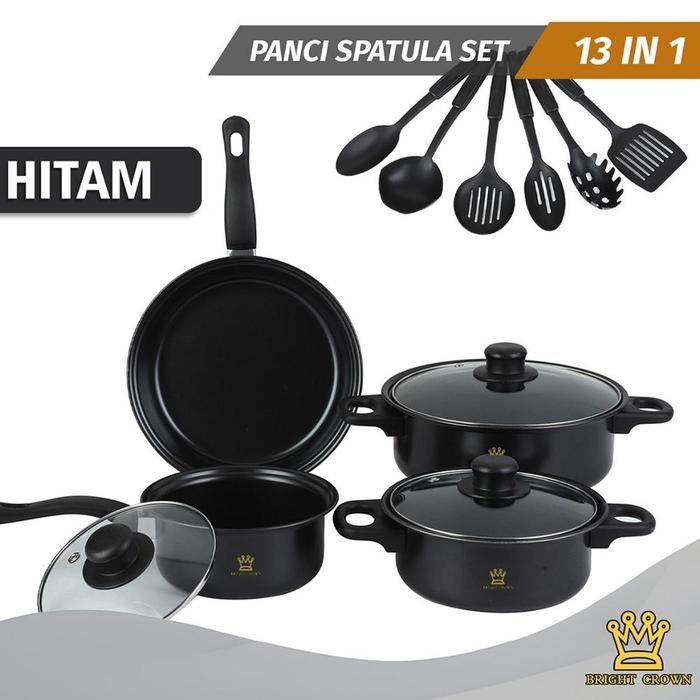 Gambar READY!!! ADA KB by Bright Crown Cookware 13in1 Panci Set Stainless 7pcs Tutup Kaca Spatula isi 6pcs Multifungsi - Set13in1-Hitam dari CV INDOJAYA TOOLS undefined Tokopedia