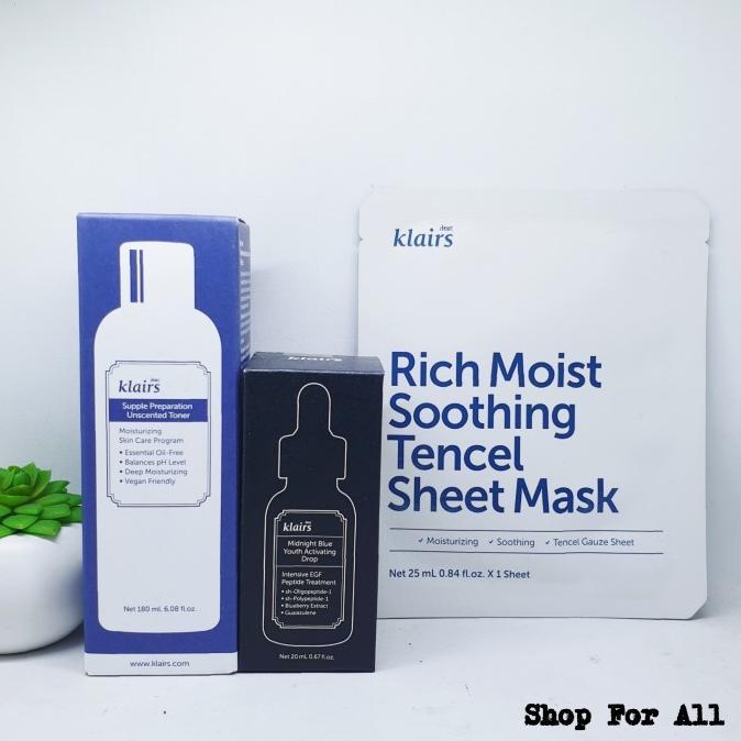 Gambar Dear Klairs Midnight Blue Youth Activiting Drop (20Ml) / Supple Preparation Unscented Toner (180Ml) / Rich Moist Soothing Tencel Sheet Mask (1Sheet) Original - PAKET dari Delia Alexey undefined Tokopedia