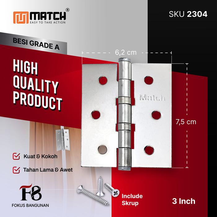 Gambar Engsel Besi Match 3" / 4"  / 5 " inch Engsel Besi Pintu Jendela Engsel Rumah Silver Murah Gratis Skrup - 3INCH (2304) dari Fokus Bangunan undefined Tokopedia