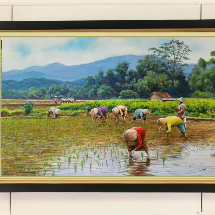 Gambar lukisan cetak pemandangan orang menanam padi di sawah plus bingkai - Hitam dari YuncuingART undefined Tokopedia