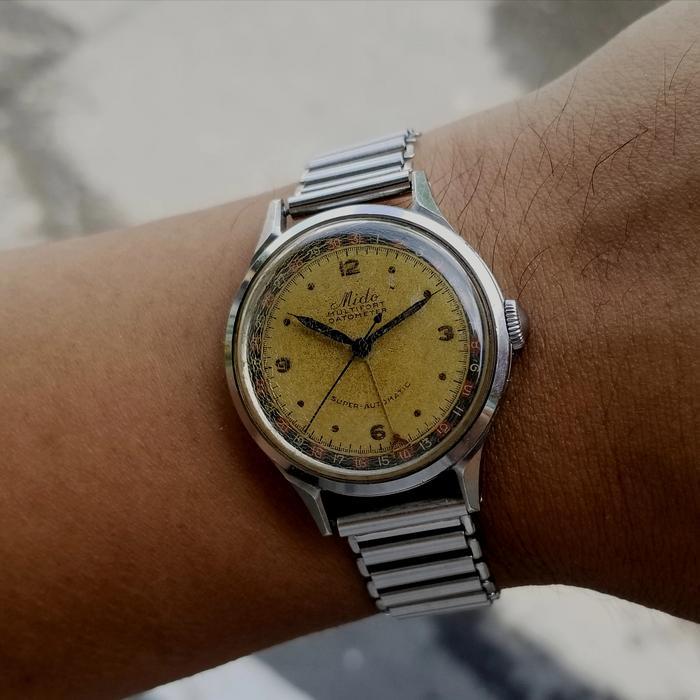 50s Vintage Mido Multifort Datometer Automatic Bumper Tropical Patina Dial  Roulette Date Rare Collectible