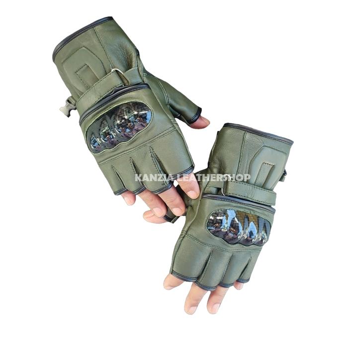 Gambar Sarung Tangan Motor Kulit Batok Kanzia Leathershop Setengah Jari - Army dari Kanzia Leather undefined Tokopedia