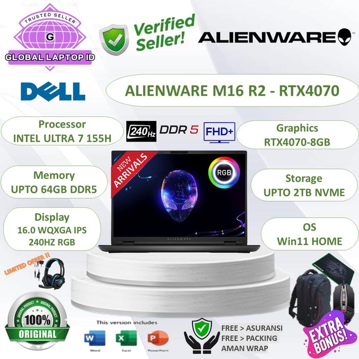 Gambar Laptop Gaming ALIENWARE M16 Intel Ultra 7 155H RTX4070-8GB 32GB DDR5 2TB SSD WQXGA IPS 240HZ RGB Windows 11 Original - RTX4070, 16GB, 1TB SSD dari Global Laptop_NEW undefined Tokopedia