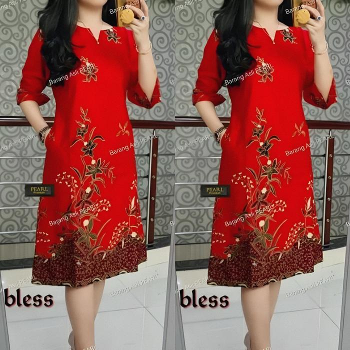 Gambar Baju Kantor Tunik Batik Atasan Blus Batik - Merah, XS dari Batik Kevin undefined Tokopedia