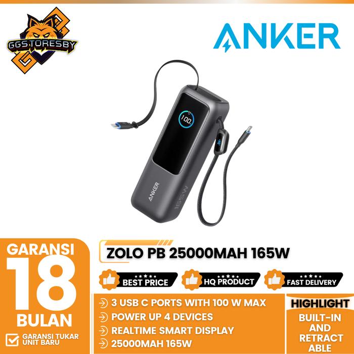 Gambar ANKER ZOLO POWER BANK 25000MAH 165W, BUILT-IN AND RETRACTABLE CABLES SMART DIGITAL DISPLAY - A1695 - Black dari GGSTORESBY undefined Tokopedia