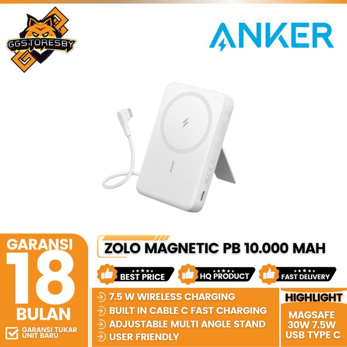 Gambar ANKER ZOLO MAGNETIC POWERBANK 10000MAH MAGSAFE 30W 7.5W USB TYPE C BUILT-IN USB-C CABLE AND ADJUSTABLE STAND - A1685 - WHITE dari GGSTORESBY Kota Surabaya Tokopedia